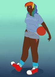 Size: 755x1057 | Tagged: safe, artist:bellalysewinchester, rainbow dash, human, g4, ball, breasts, chubby, clothes, converse, dark skin, female, humanized, shoes, solo