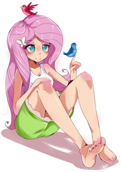 Size: 1249x1773 | Tagged: safe, artist:hua, fluttershy, bird, human, g4, barefoot, clothes, feet, female, humanized, light skin, simple background, skirt, smiling, solo, tank top, white background