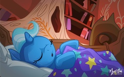 Size: 2560x1600 | Tagged: safe, artist:mysticalpha, trixie, pony, unicorn, g4, :o, bed, cute, diatrixes, eyes closed, female, filly, golden oaks library, mare, on back, sleeping, solo, wallpaper, younger