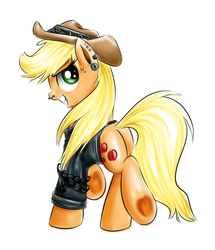 Size: 800x931 | Tagged: safe, artist:xioade, applejack, g4, clothes, earring, female, grin, nose ring, piercing, simple background, solo, underhoof