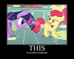 Size: 750x600 | Tagged: safe, edit, edited screencap, screencap, apple bloom, twilight sparkle, earth pony, pony, call of the cutie, g4, caption, demotivational poster, female, filly, foal, implied, lidded eyes, magic, meme, out of context