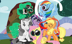 Size: 800x500 | Tagged: safe, applejack, fluttershy, pinkie pie, rainbow dash, rarity, twilight sparkle, g4, mane six, not salmon, wat