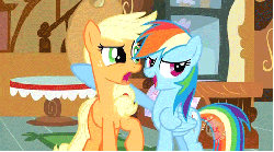 Size: 480x267 | Tagged: safe, screencap, applejack, rainbow dash, g4, the mysterious mare do well, animated, duo, female, hoof around neck, hub logo