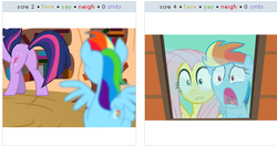 Size: 520x274 | Tagged: safe, fluttershy, rainbow dash, twilight sparkle, g4, butt, exploitable meme, juxtaposition, juxtaposition win, meme, plot