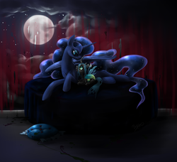 Size: 1024x935 | Tagged: safe, artist:madcookiefighter, princess luna, queen chrysalis, alicorn, changeling, changeling queen, nymph, pony, g4, female, filly