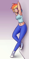 Size: 514x1024 | Tagged: safe, artist:scorpdk, rainbow dash, human, g4, armpits, belly button, breasts, clothes, converse, female, humanized, light skin, looking at you, midriff, smiling, smiling at you, sneakers, solo, tank top