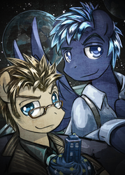 Size: 500x700 | Tagged: safe, artist:saturnspace, doctor whooves, star hunter, time turner, g4, food, glasses, jack harkness