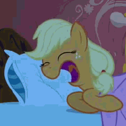 Size: 260x260 | Tagged: safe, screencap, applejack, earth pony, pony, g4, look before you sleep, season 1, animated, bed, eyes closed, fake sleeping, female, golden oaks library, on side, open mouth, sleeping, snoring, solo
