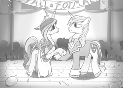 Size: 2000x1440 | Tagged: safe, artist:regolithx, idw, princess cadance, shining armor, g4, bowtie, clothes, dancing, dress, fall formal, monochrome, tuxedo, younger