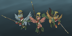 Size: 4000x2000 | Tagged: safe, artist:cxfantasy, artist:whatthescoots, oc, oc only, pegasus, pony, clothes, cloudsdale, dragoon, high res, military, military uniform, musket, uniform