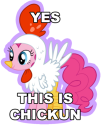 Size: 680x842 | Tagged: safe, pinkie pie, earth pony, pony, g4, animal costume, caption, chicken pie, chicken suit, clothes, costume, female, image macro, simple background, solo, text, transparent background