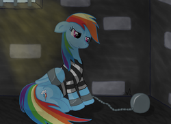 Size: 894x650 | Tagged: safe, artist:ajfive, rainbow dash, g4, ball and chain, bound wings, clothes, female, prison, prison outfit, prison stripes, prisoner rd, sad, shackles, solo