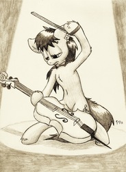 Size: 1000x1357 | Tagged: safe, artist:punk-pegasus, octavia melody, earth pony, pony, semi-anthro, g4, belly button, bipedal, cello, female, monochrome, musical instrument, solo, traditional art