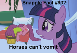 Size: 1015x708 | Tagged: safe, edit, edited screencap, screencap, cherry punch, twilight sparkle, earth pony, pony, unicorn, applebuck season, g4, background pony, bucket, caption, female, frown, green face, gritted teeth, mare, prone, sick, snapple, text, vomit, vomiting