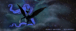 Size: 1000x408 | Tagged: safe, artist:cosmicunicorn, nightmare moon, g4, animated, cloud, cloudy, ethereal mane, female, galaxy mane, night, rearing, sky, solo, spread wings, stars