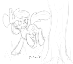 Size: 1200x1054 | Tagged: safe, artist:martian, apple bloom, earth pony, pony, g4, applebucking, female, kicking, mare, monochrome, older, older apple bloom, sketch, solo, tongue out, tree