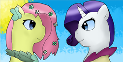 Size: 988x501 | Tagged: safe, artist:mima-san, fluttershy, rarity, g4, female, lesbian, ship:flarity, shipping