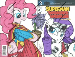 Size: 1205x923 | Tagged: safe, artist:ponygoddess, pinkie pie, rarity, g4, cover, crossover, cute, diapinkes, female, lesbian, male, new 52, ship:raripie, shipping, superman, watermark, wonder woman