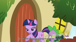 Size: 640x355 | Tagged: safe, screencap, spike, twilight sparkle, g4, magical mystery cure, aids, hiv, hub logo, hubble, meme, mlp-captions, the hub, youtube caption