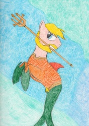 Size: 709x1000 | Tagged: safe, artist:dahngrest, merpony, aquaman, dc comics, dorsal fin, fish tail, ocean, ponified, swimming, tail, traditional art, underwater, water