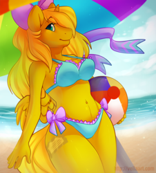Size: 905x1000 | Tagged: safe, artist:vella, oc, oc only, oc:ticket, alicorn, anthro, alicorn oc, anthro oc, beach, beach ball, belly button, bicolor swimsuit, bikini, blue swimsuit, bow, bow swimsuit, clothes, frilled swimsuit, legs together, midriff, solo, swimsuit, umbrella