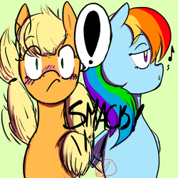 Size: 1000x1000 | Tagged: safe, artist:ryuredwings, applejack, rainbow dash, pony, g4, applejack is a spankaholic, blushing, butt smack, butt touch, exclamation point, feathermarking, female, lesbian, never doubt tchernobog's involvement, ship:appledash, shipping, spanking, surprised, wingspank