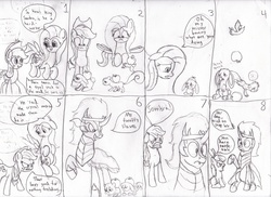 Size: 3504x2552 | Tagged: safe, artist:frikdikulous, apple bloom, applejack, fluttershy, king sombra, rabbit, g4, comic, monochrome, sketch