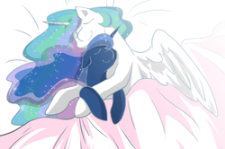 Size: 600x398 | Tagged: safe, artist:yoonny92, princess celestia, princess luna, g4, bed, cuddling, cute, cutelestia, eyes closed, sheet, sleeping, smiling, snuggling