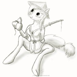 Size: 1500x1500 | Tagged: safe, artist:rule1of1coldfire, anthro, unguligrade anthro, arm hooves, asian conical hat, breasts, clothes, gourd, hat, monochrome, samurai, solo