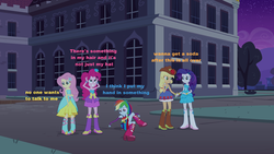 Size: 1024x576 | Tagged: safe, edit, edited screencap, screencap, applejack, fluttershy, pinkie pie, rainbow dash, rarity, equestria girls, g4, my little pony equestria girls, blue text, boots, caption, cowboy boots, fall formal outfits, high heel boots, orange text, pink text, ship:rarijack, shipping
