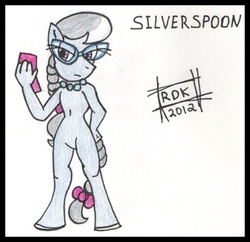Size: 800x774 | Tagged: safe, artist:rdk, silver spoon, earth pony, anthro, unguligrade anthro, g4, braid, braided tail, female, glasses, phone, solo, traditional art
