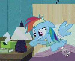 Size: 400x324 | Tagged: safe, edit, edited screencap, screencap, rainbow dash, g4, read it and weep, animated, bed, countdown, cropped, female, floppy ears, hospital bed, hub logo, lamp, light switch, off, on, solo
