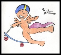 Size: 420x374 | Tagged: safe, artist:rdk, scootaloo, g4, female, flying, scooter, solo, traditional art