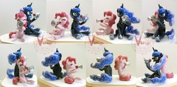Size: 3233x1590 | Tagged: safe, artist:viistar, pinkie pie, princess luna, g4, belly, concave belly, duo, ethereal mane, ethereal tail, female, figurine, height difference, mare, megaphone, physique difference, sitting, slender, starry mane, starry tail, tail, thin, turnaround