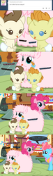 Size: 650x2125 | Tagged: safe, artist:mixermike622, cup cake, pinkie pie, pound cake, pumpkin cake, oc, oc:fluffle puff, tumblr:ask fluffle puff, g4, fluffle puffing, onomatopoeia, raspberry, raspberry noise, tongue out