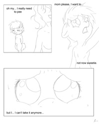 Size: 2716x3425 | Tagged: safe, artist:theponybox696, oc, oc only, earth pony, pony, semi-anthro, comic:watersports, bipedal, comic, female, foal, monochrome, need to pee, omorashi, potty dance, potty emergency, potty time