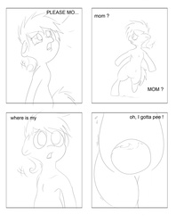 Size: 2716x3425 | Tagged: safe, artist:theponybox696, oc, oc only, earth pony, pony, semi-anthro, comic:watersports, bipedal, bladder, comic, foal, full bladder, monochrome, need to pee, omorashi, potty dance, potty emergency, potty time, trotting in place, urine, x-ray bladder