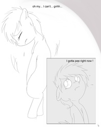 Size: 2716x3425 | Tagged: safe, artist:theponybox696, oc, oc only, earth pony, pony, comic:watersports, bipedal, comic, foal, monochrome, need to pee, omorashi, potty dance, potty emergency, potty time, trotting in place
