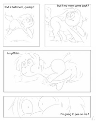 Size: 2716x3425 | Tagged: safe, artist:theponybox696, oc, oc only, comic:watersports, comic, desperation, foal, monochrome, need to pee, omorashi, potty dance, potty emergency, potty time, trotting in place