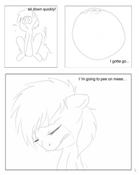 Size: 2716x3425 | Tagged: safe, artist:theponybox696, oc, oc only, comic:watersports, bladder, comic, crying, desperation, foal, full bladder, internal, monochrome, need to pee, omorashi, potty dance, potty emergency, potty time, trotting in place, urine, x-ray bladder