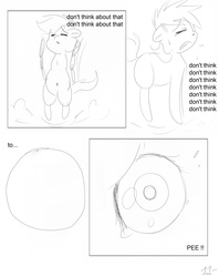 Size: 2716x3425 | Tagged: safe, artist:theponybox696, oc, oc only, earth pony, pony, comic:watersports, belly button, bipedal, bladder, comic, foal, full bladder, monochrome, need to pee, omorashi, potty dance, potty emergency, potty time, trotting in place, urine, x-ray bladder