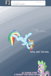 Size: 800x1175 | Tagged: safe, artist:feather, rainbow dash, spike, ask rainbow danger dash, g4, ask, duo, female, hat, male, tumblr