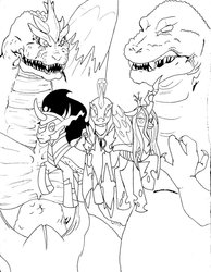 Size: 788x1015 | Tagged: safe, artist:msnita, king sombra, queen chrysalis, kaiju, kaiju pony, g4, crossover, destoroyah, godzilla, godzilla (series), inked, monochrome, ponified, spacegodzilla, wip