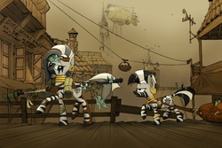 Size: 1024x683 | Tagged: safe, artist:euphreana, artist:madhotaru, zecora, oc, zebra, g4, blowgun, sniper, steampunk, younger, zebra oc