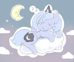 Size: 850x709 | Tagged: safe, artist:ende26, princess luna, g4, cloud, cloudy, crescent moon, female, filly, moon, sleeping, solo, woona, zzz