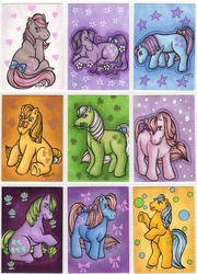 Size: 726x1008 | Tagged: safe, artist:hollyann, blossom, blue belle, bow tie (g1), bubbles (g1), butterscotch (g1), cotton candy (g1), minty (g1), seashell (g1), snuzzle, g1, coat markings, facial markings, star (coat marking), traditional art