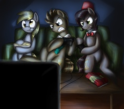 Size: 2760x2432 | Tagged: safe, artist:otakuap, derpy hooves, doctor whooves, time turner, pegasus, pony, eating, eleventh doctor, female, fez, food, hat, mare, popcorn, tenth doctor