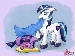 Size: 2615x1944 | Tagged: safe, artist:clouddg, shining armor, twilight sparkle, pony, unicorn, g4, blanket, book, cute, duo, floppy ears, sleeping, tucking in
