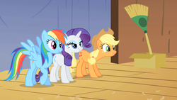 Size: 1280x720 | Tagged: safe, screencap, applejack, rainbow dash, rarity, pony, g4, the show stoppers