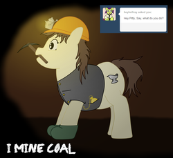 Size: 2588x2372 | Tagged: safe, oc, oc only, oc:pit pone, ask, chubby, coal, english, fat, gravy, hat, headlamp, helmet, mine, mining helmet, pickaxe, solo